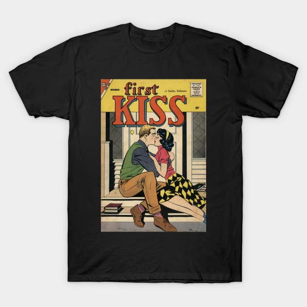 Vintage Romance Comic Book Cover - First Kiss T-Shirt by Slightly Unhinged